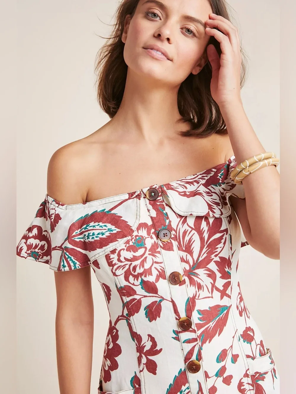 Anthropologie Floral Off Shoulder Linen Blend Midi Dress Button Front US 6